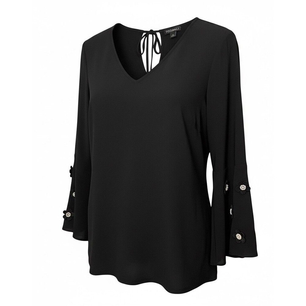 Roz&Ali Black Top Flare Sleeves And Floral Embellishments Size Large
